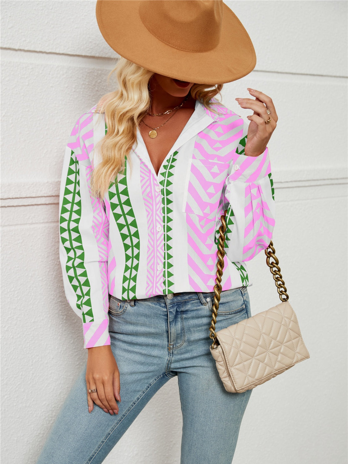 Geometric Collared Neck Long Sleeve Shirt