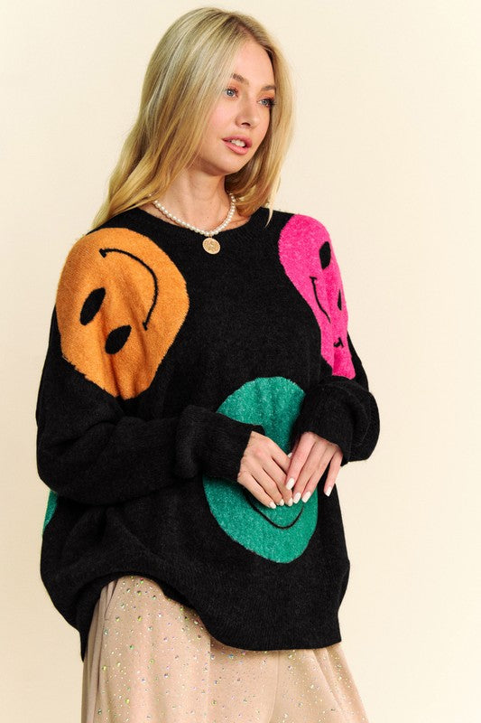 Black Contrast Smile Round Neck Oversize Sweater