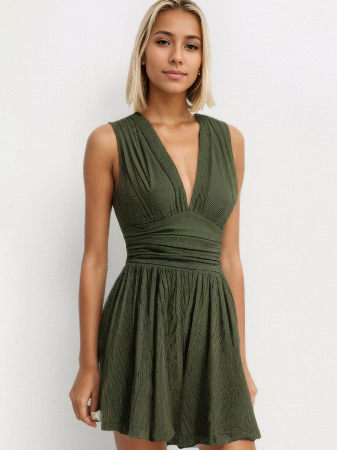 Ruched Plunge Neck Sleeveless Romper