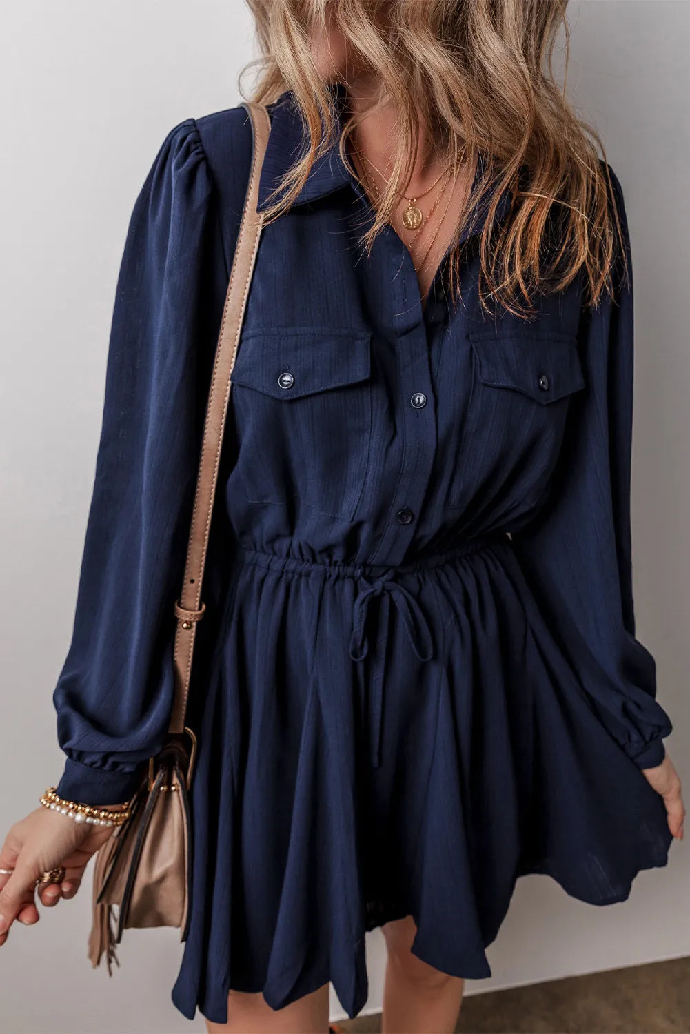 Drawstring Half Button Long Sleeve Dress