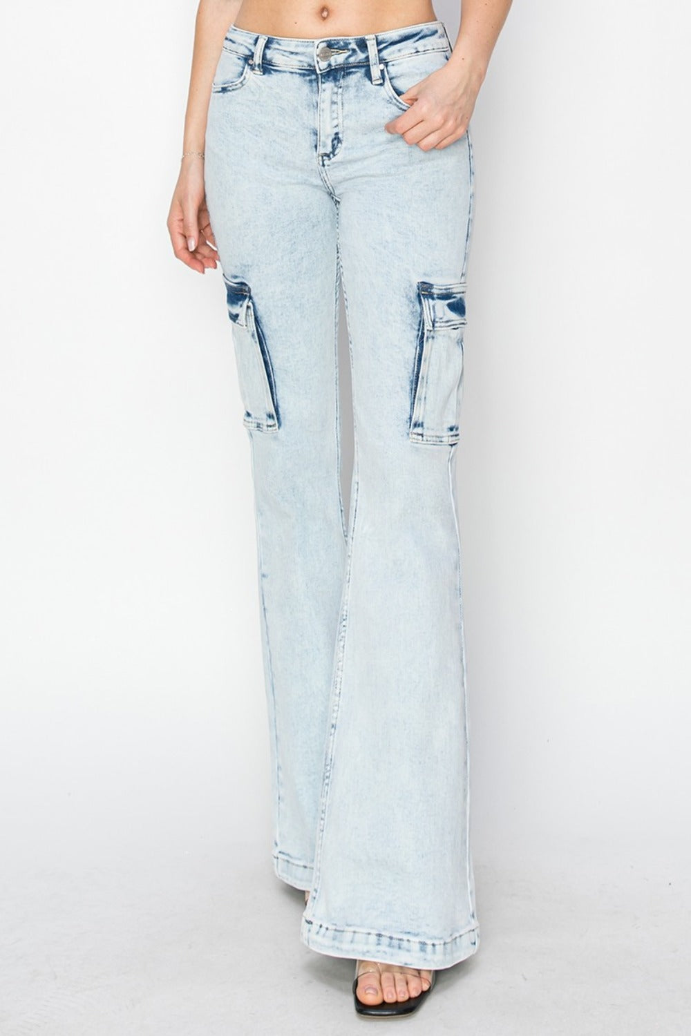 Full Size High Rise Cargo Flare Jeans