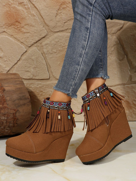 Fringe Suede Wedge Boots