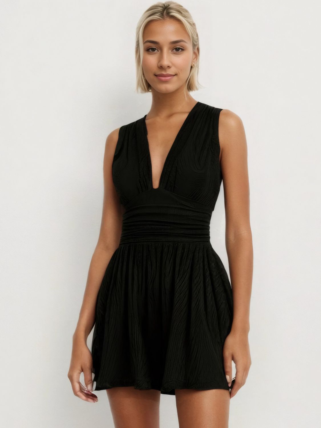 Ruched Plunge Neck Sleeveless Romper