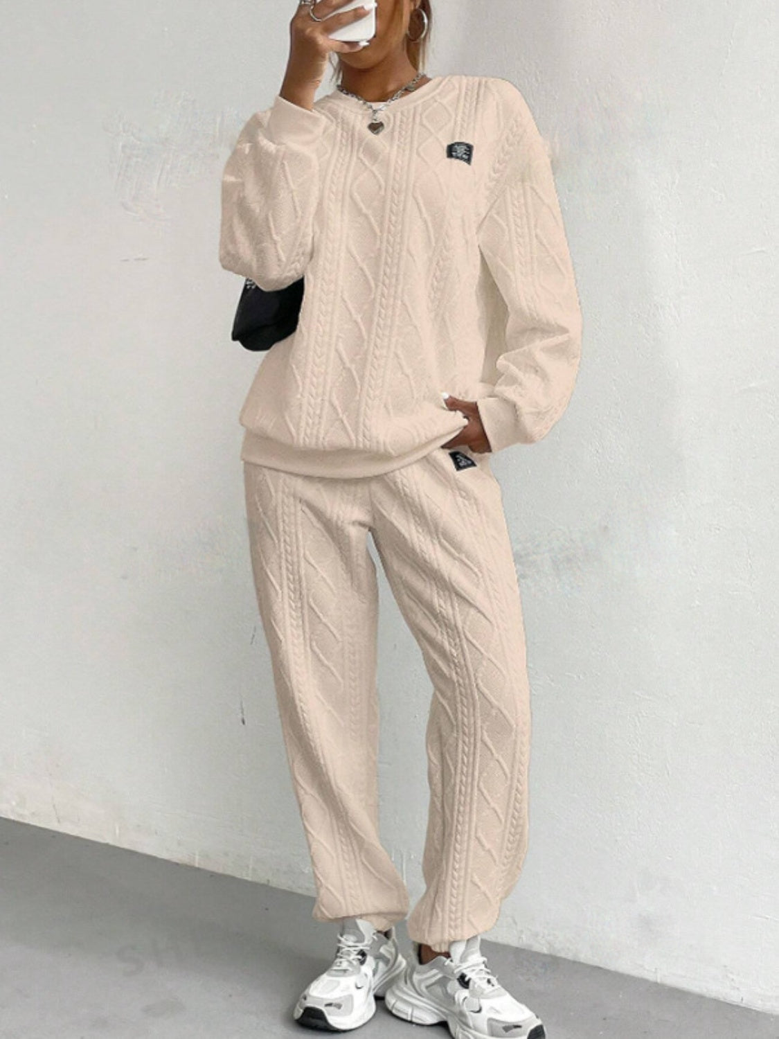 Textured Round Neck Long Sleeve Top and Pants Set