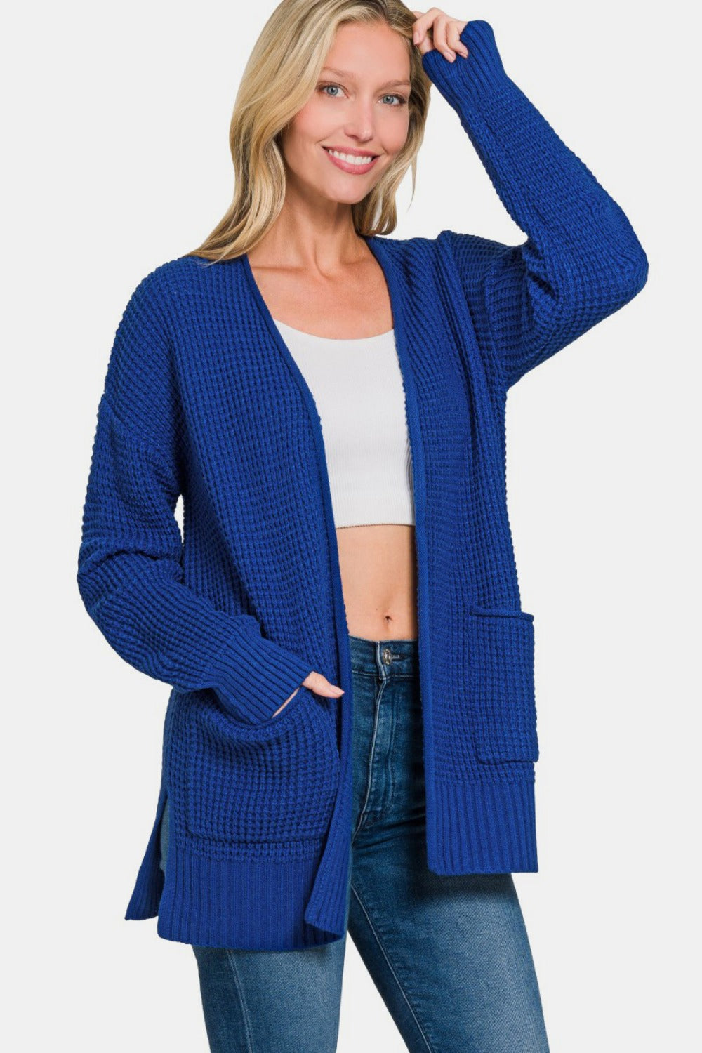 Waffle Open Front Sweater Cardigan