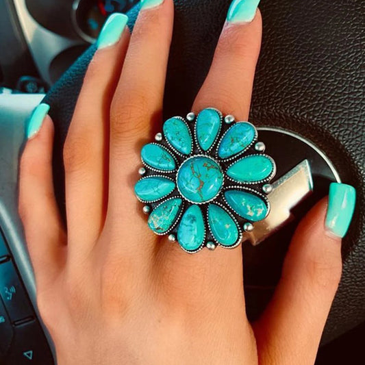 Artificial Turquoise Alloy Flower Ring