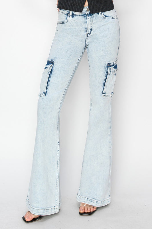 Full Size High Rise Cargo Flare Jeans