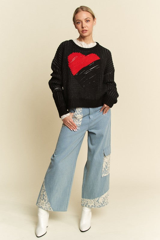 Contrast Heart Dropped Shoulder Sweater