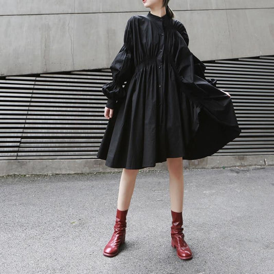 Long Sleeve Pleated Shirt Dress - Black