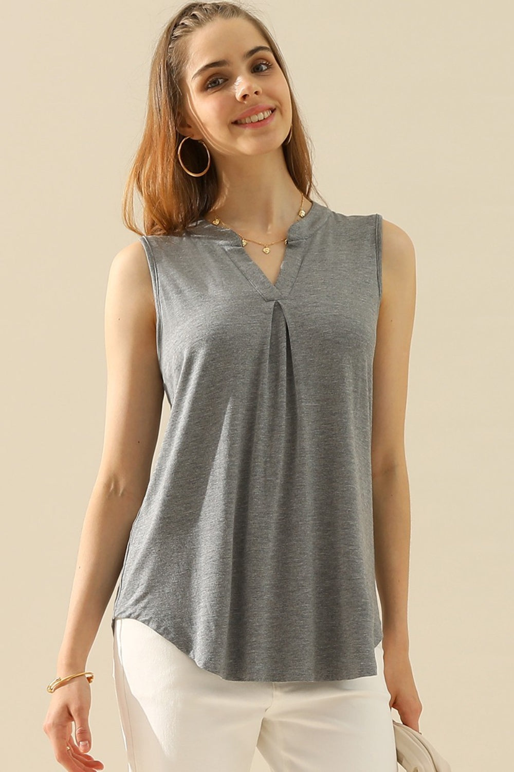 Full Size Notched Sleeveless Top