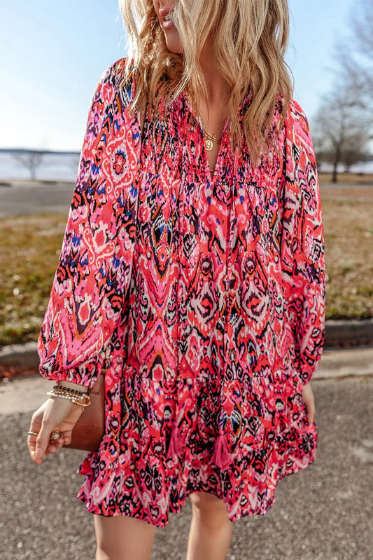 Printed Tie Neck Long Sleeve Dress