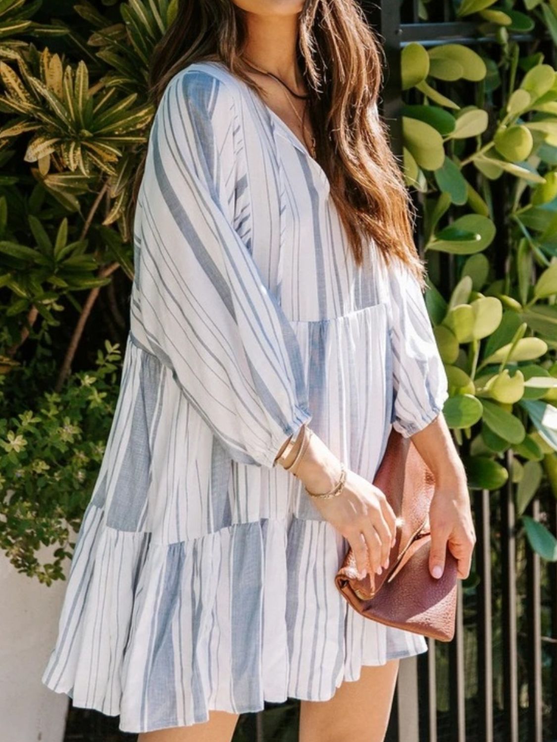 Striped Tie Neck Batwing Sleeve Dress