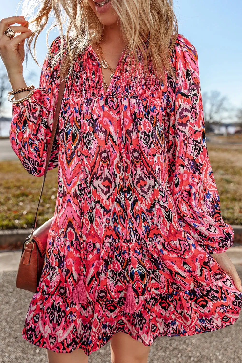 Printed Tie Neck Long Sleeve Dress