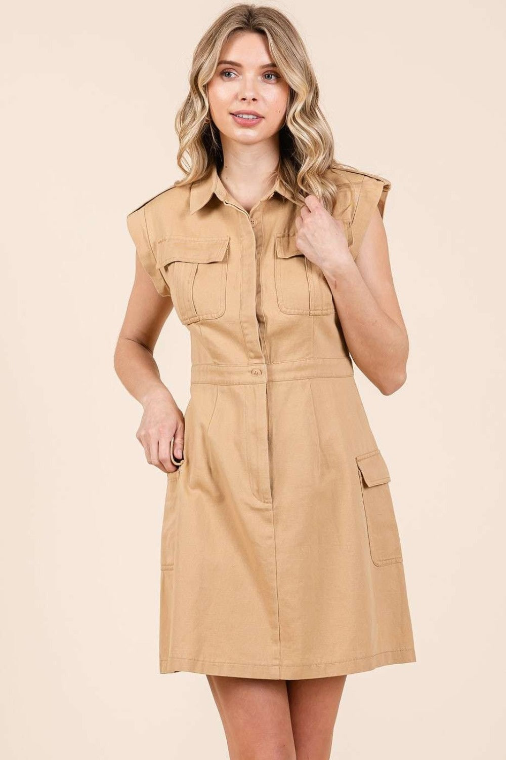 Cargo Pocket Half Button Mini Dress