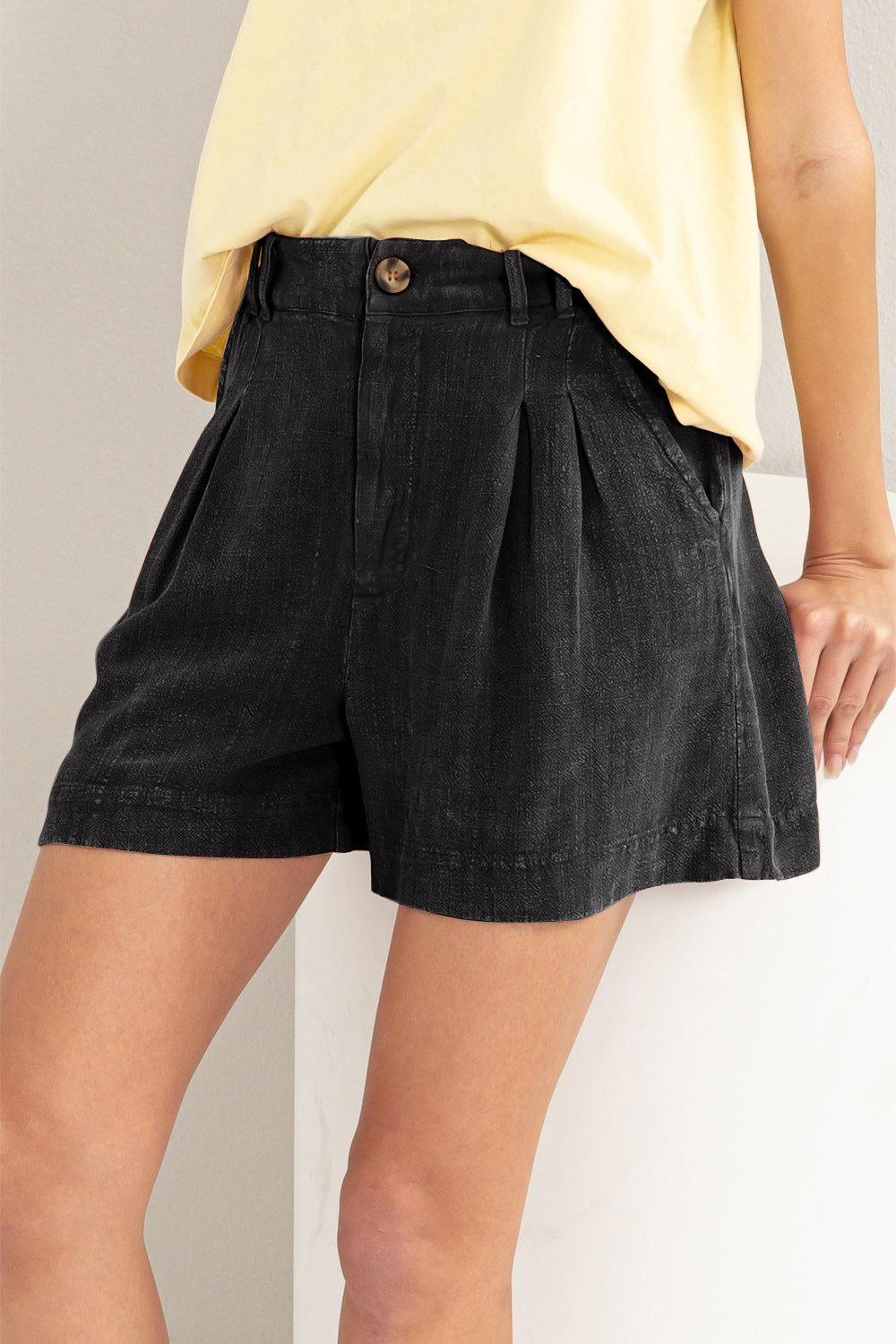 High Waist Pleated Linen Shorts