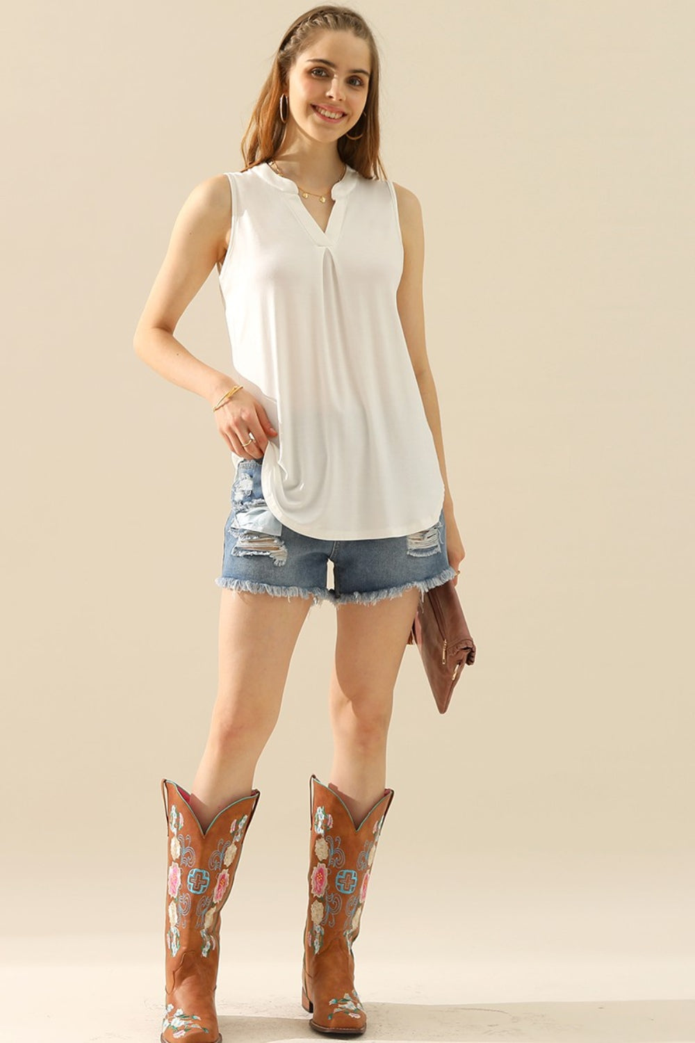 Full Size Notched Sleeveless Top