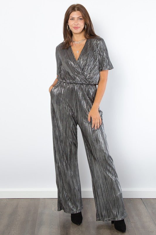 Short Sleeve Pleated Foil Jumpsuit