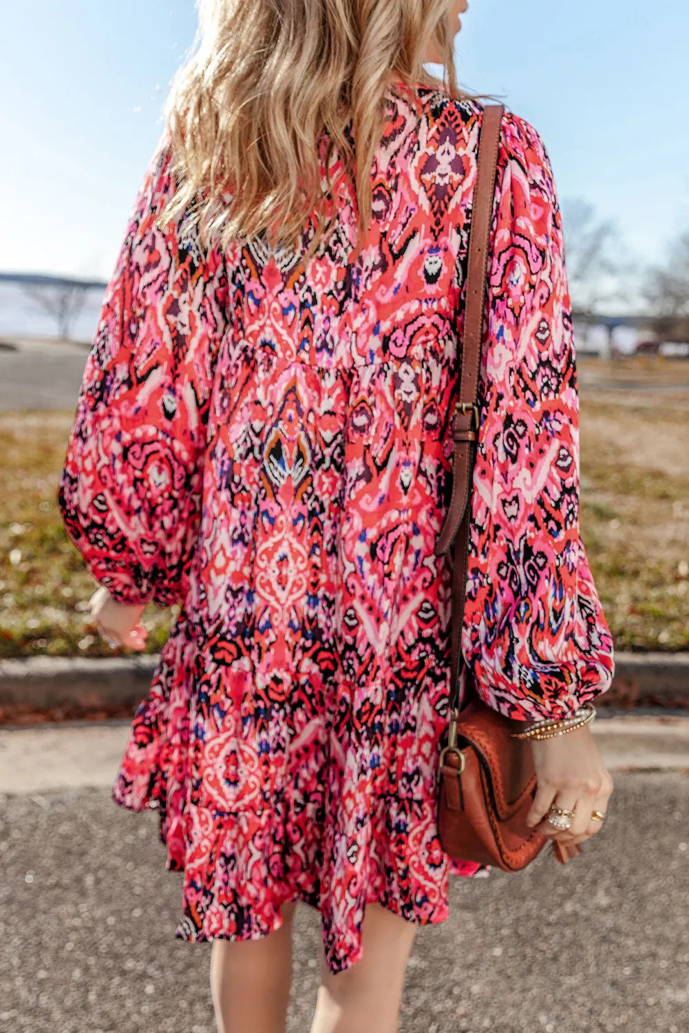 Printed Tie Neck Long Sleeve Dress