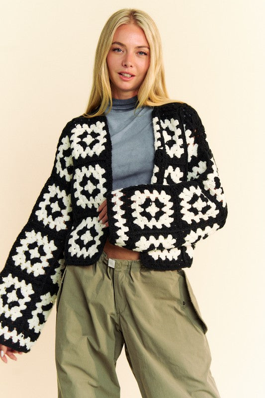 Full Size Two Tone Flower Square Crochet Open Front Cardigan