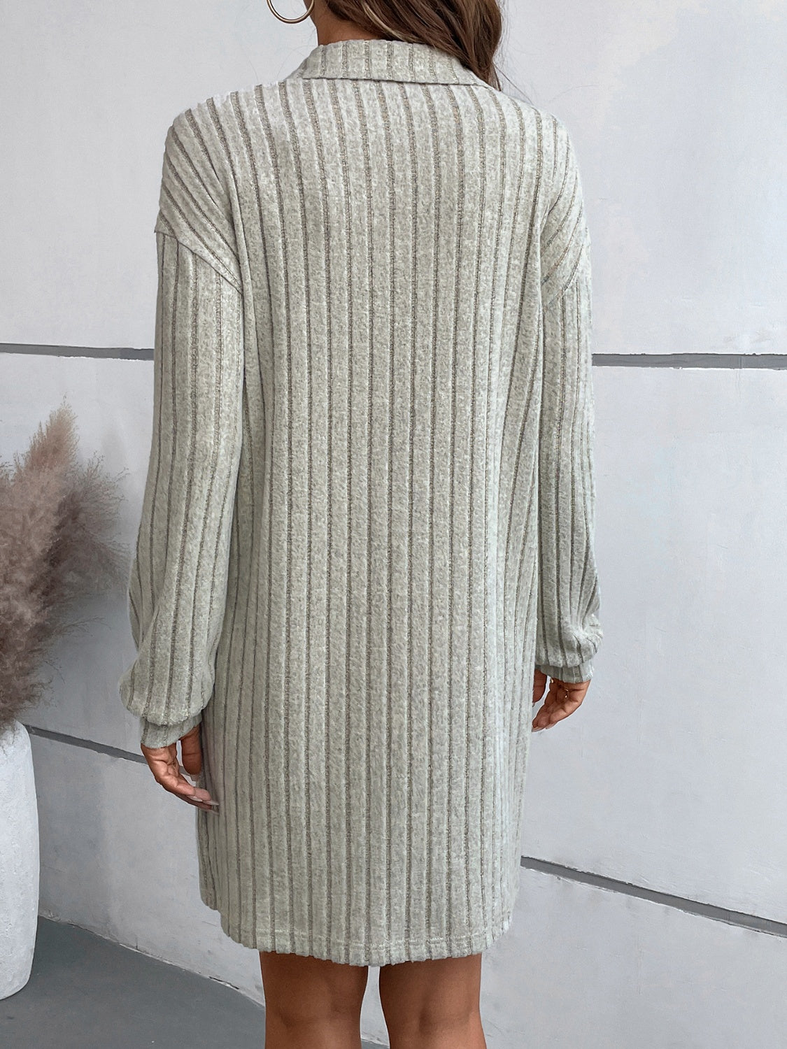 Ribbed Collared Neck Long Sleeve Dress