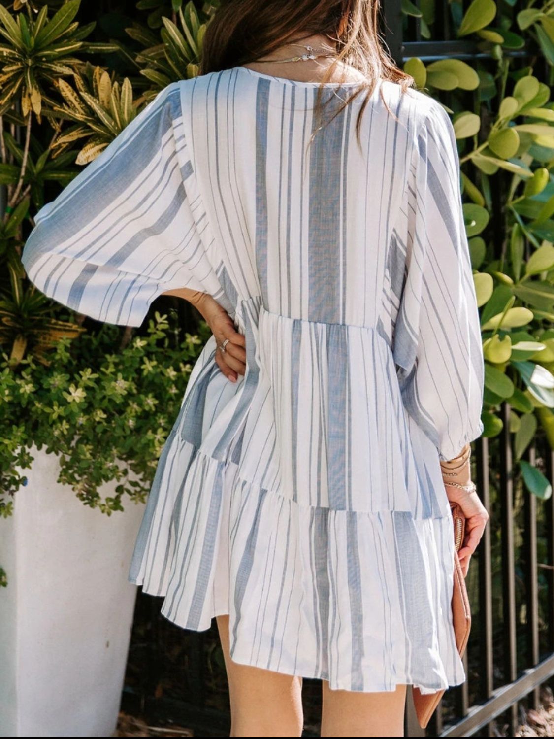 Striped Tie Neck Batwing Sleeve Dress