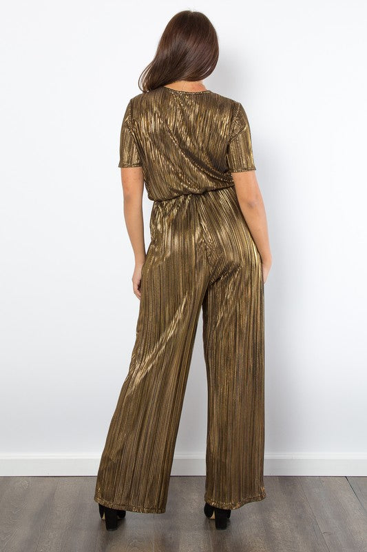 Surplice Short Sleeve Pleated Foil Jumpsuit