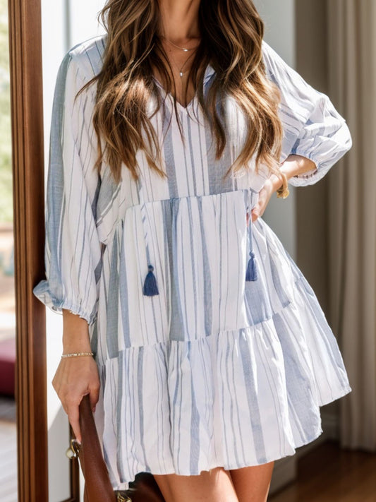 Striped Tie Neck Batwing Sleeve Dress