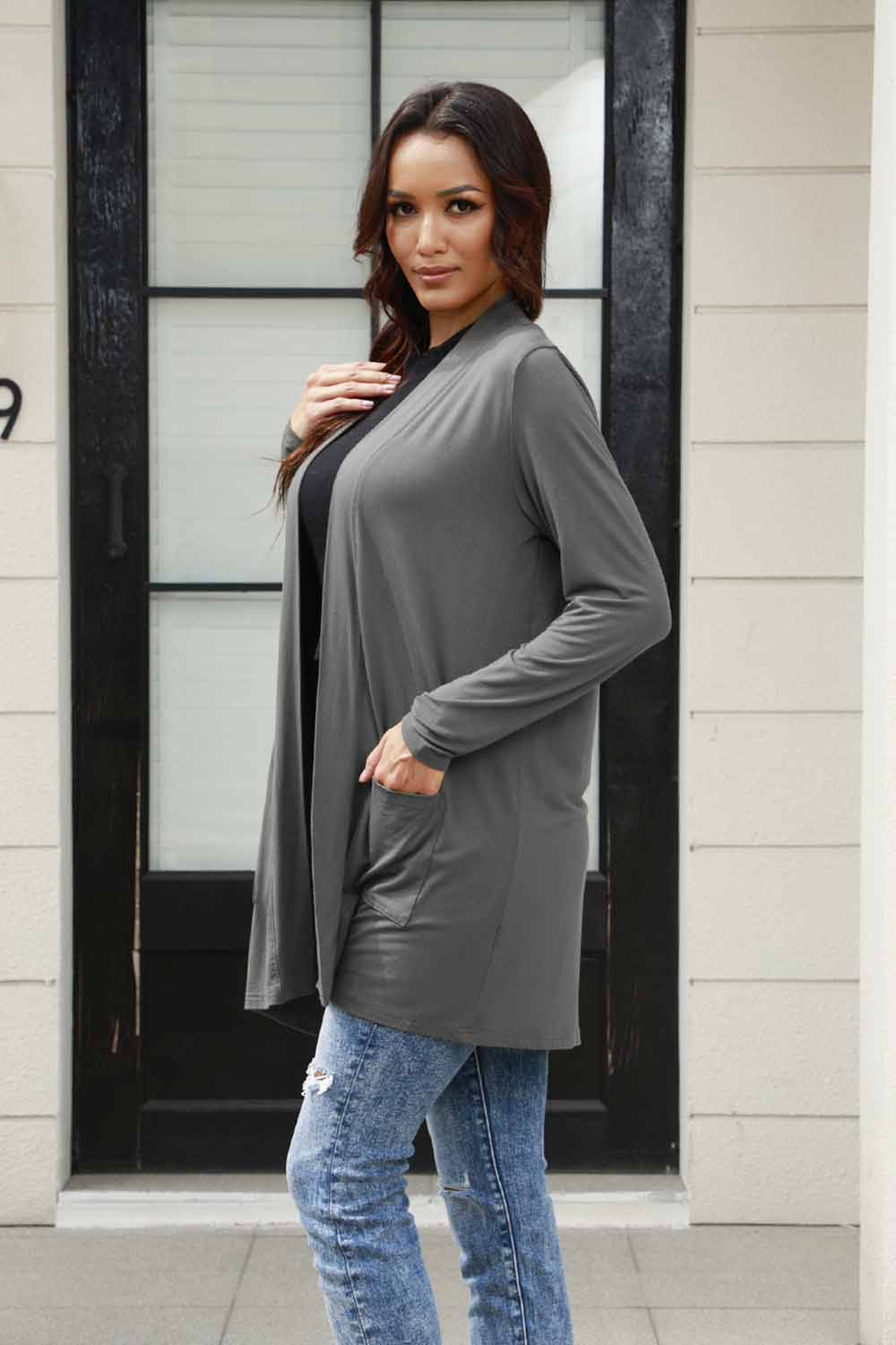 Grey Open Front Long Sleeve Cardigan with Pockets