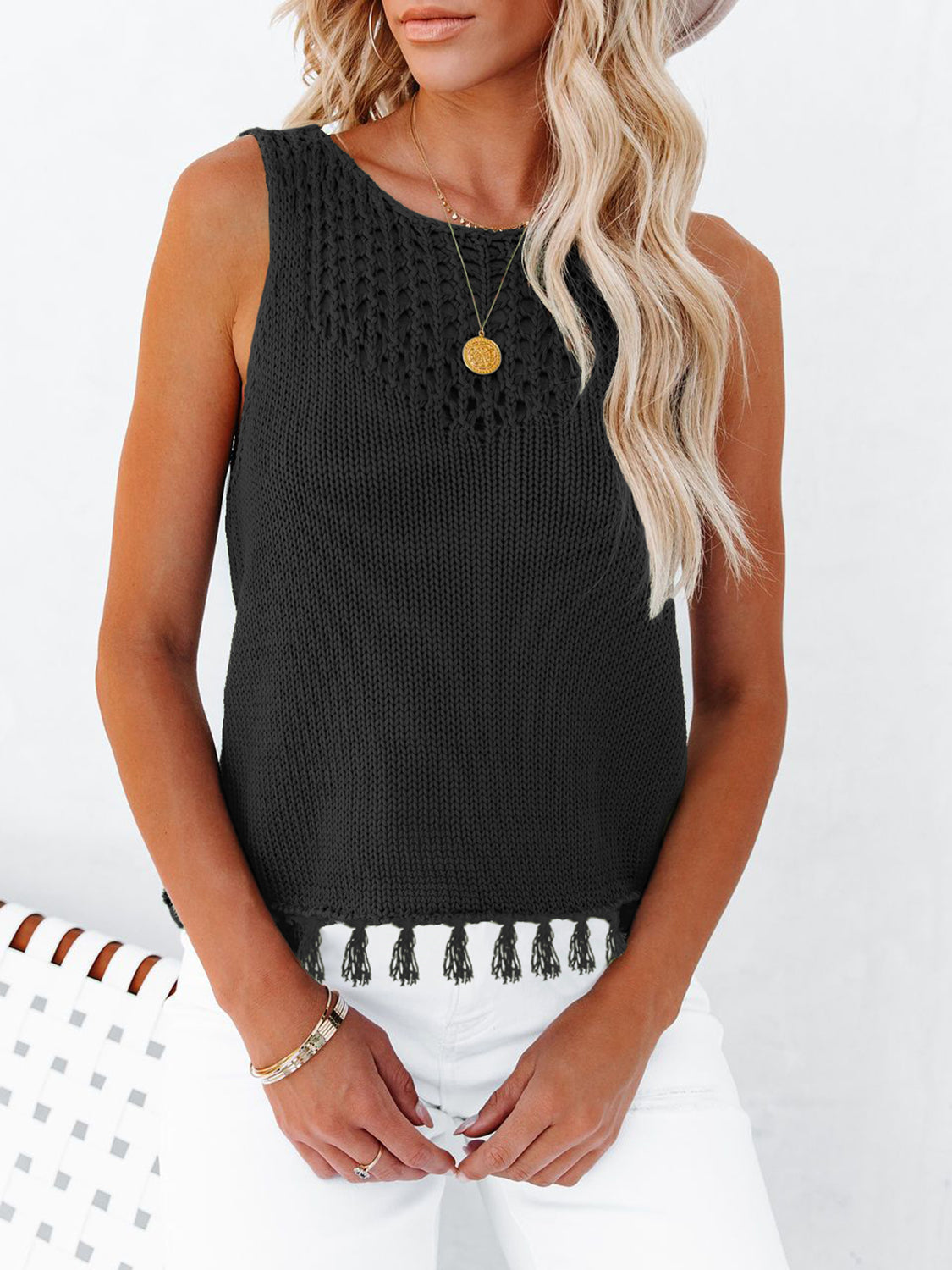 Tassel Hem Round Neck Tank