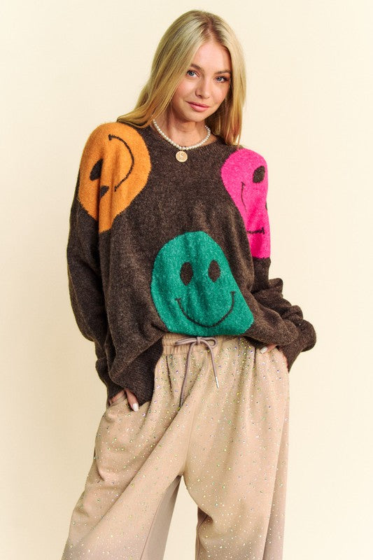 Dark Brown Contrast Smile Round Neck Oversize Sweater